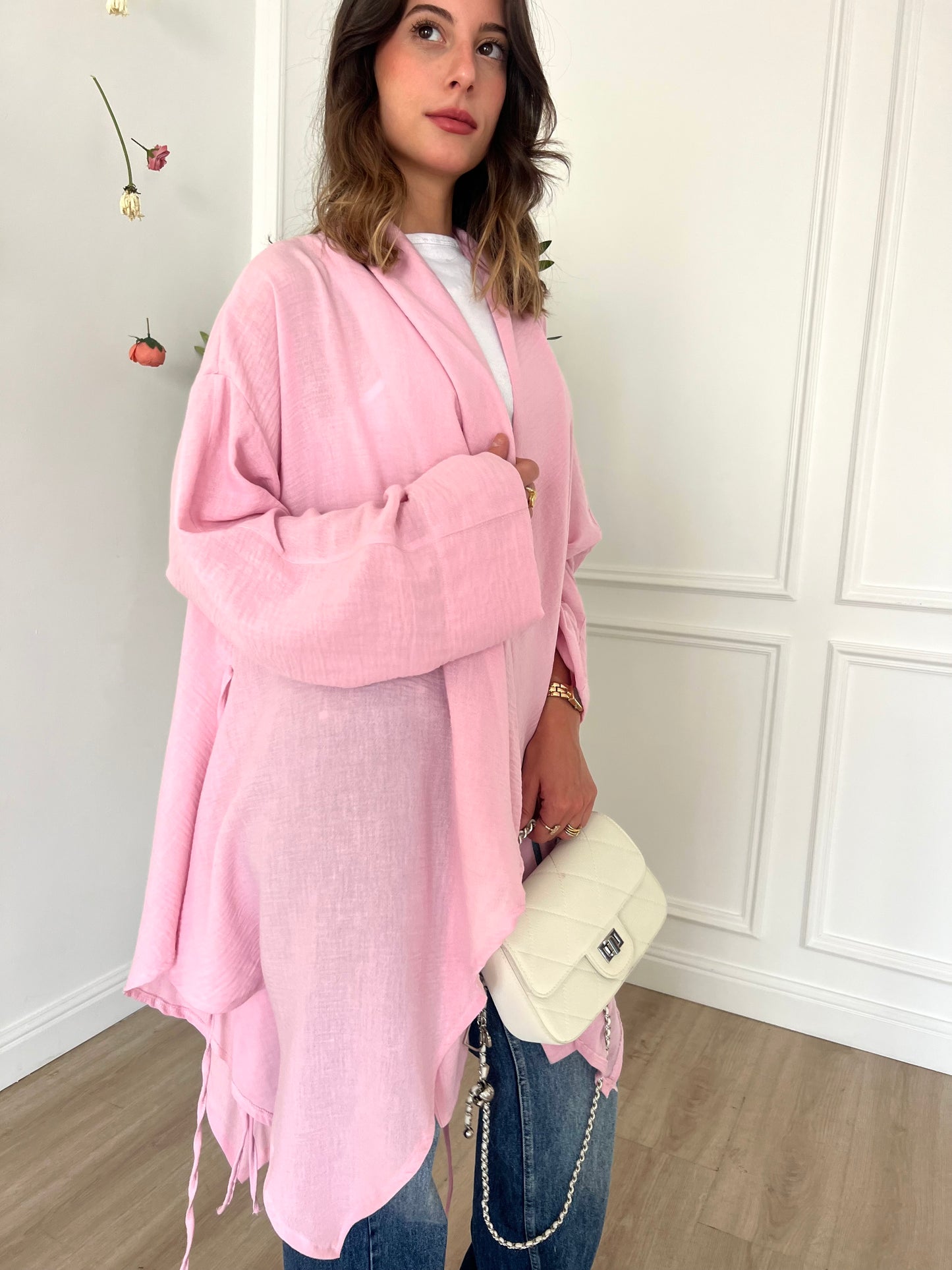 Linen Blended Fringes Asymmetrical Kimono