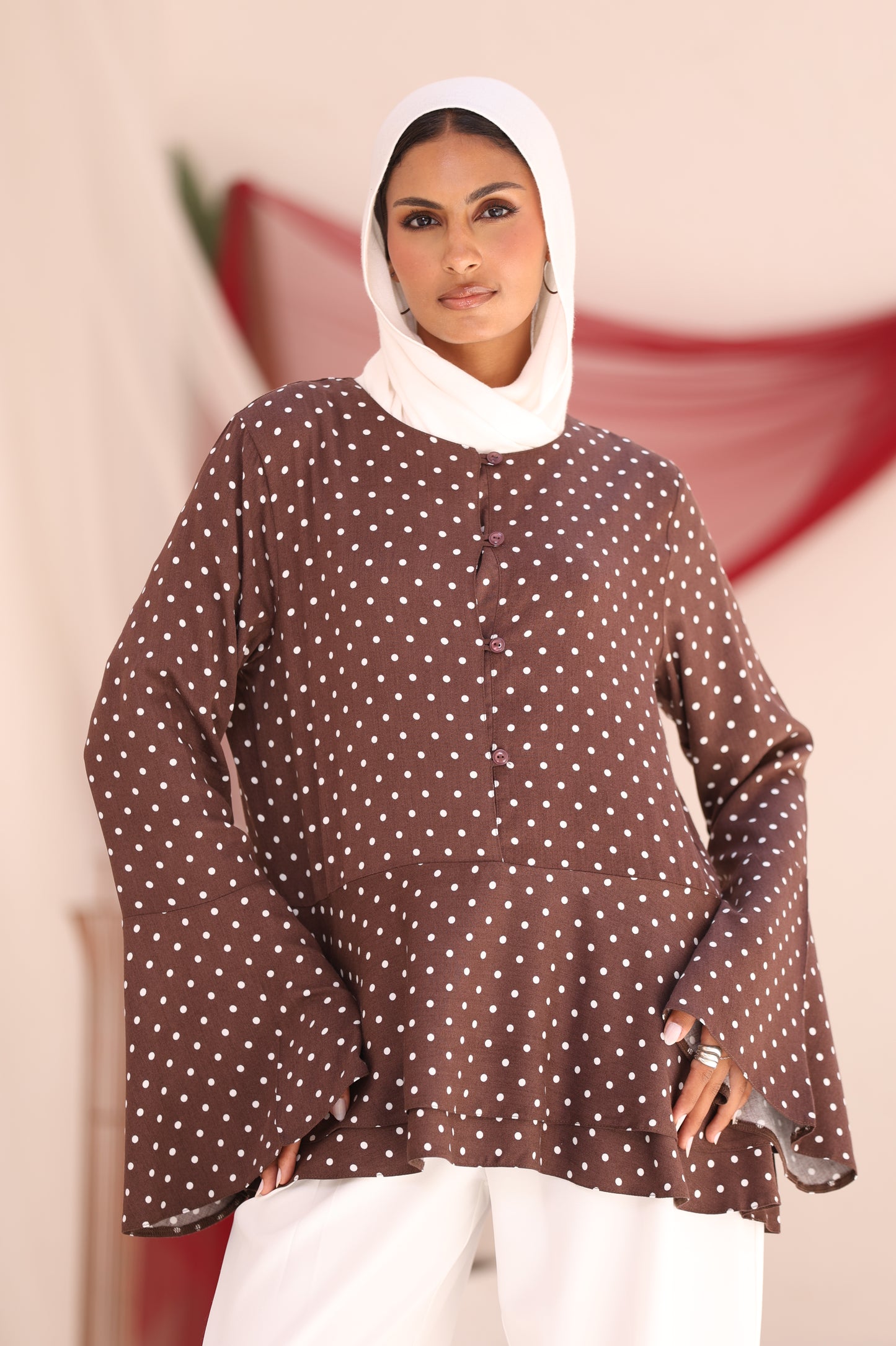 ELLA Brown Polka Dot Flare Sleeve Shirt