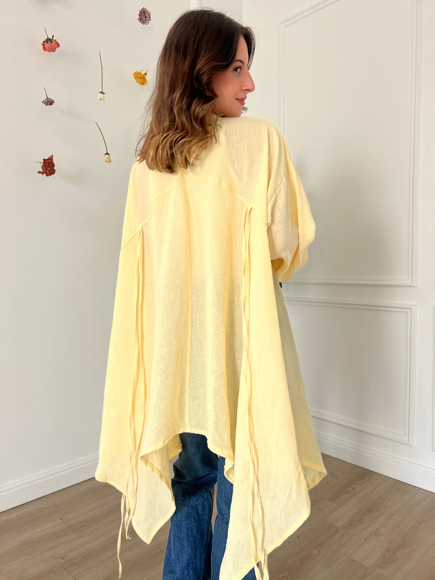 Linen Blended Fringes Asymmetrical Kimono