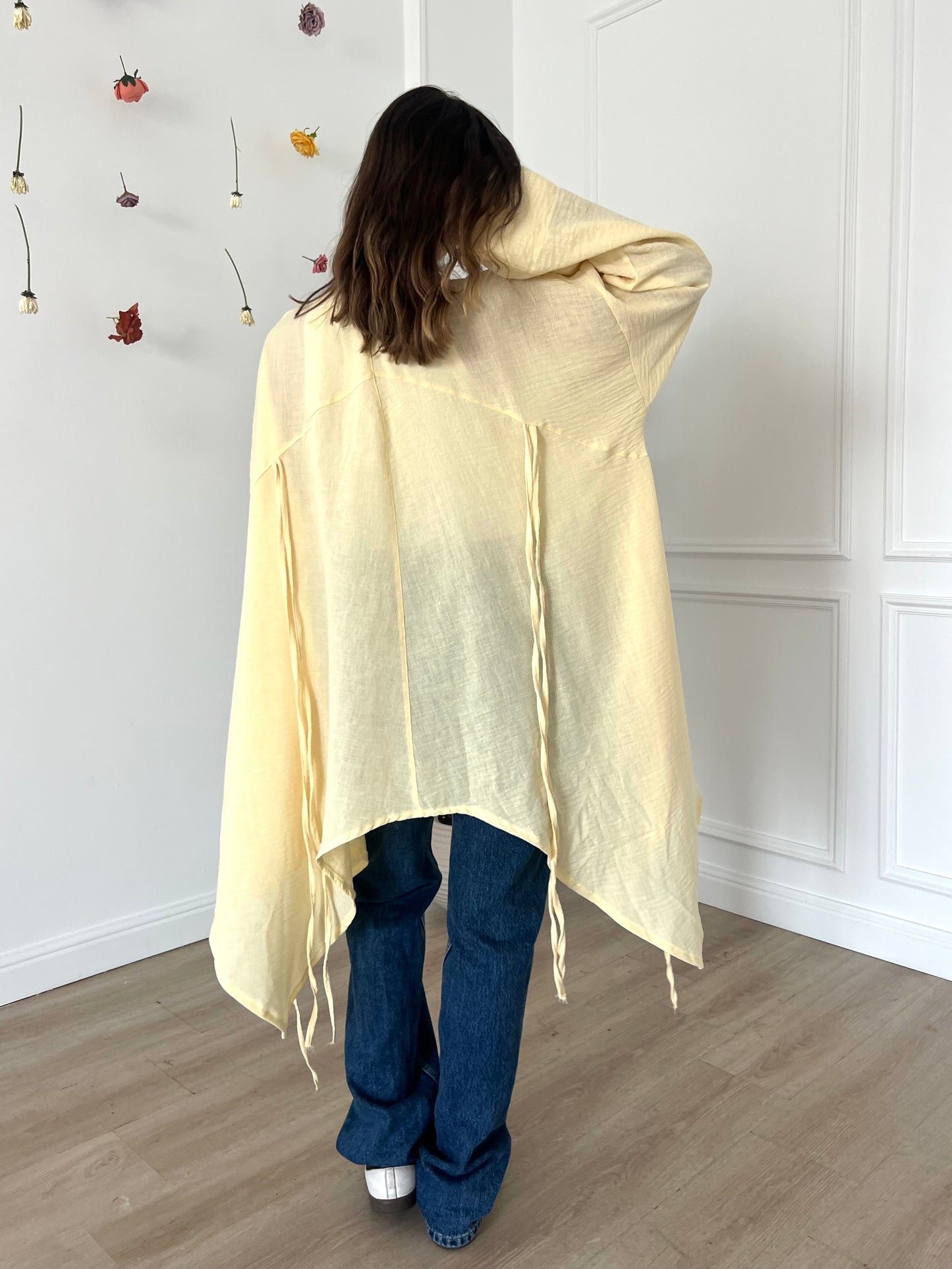 Linen Blended Fringes Asymmetrical Kimono