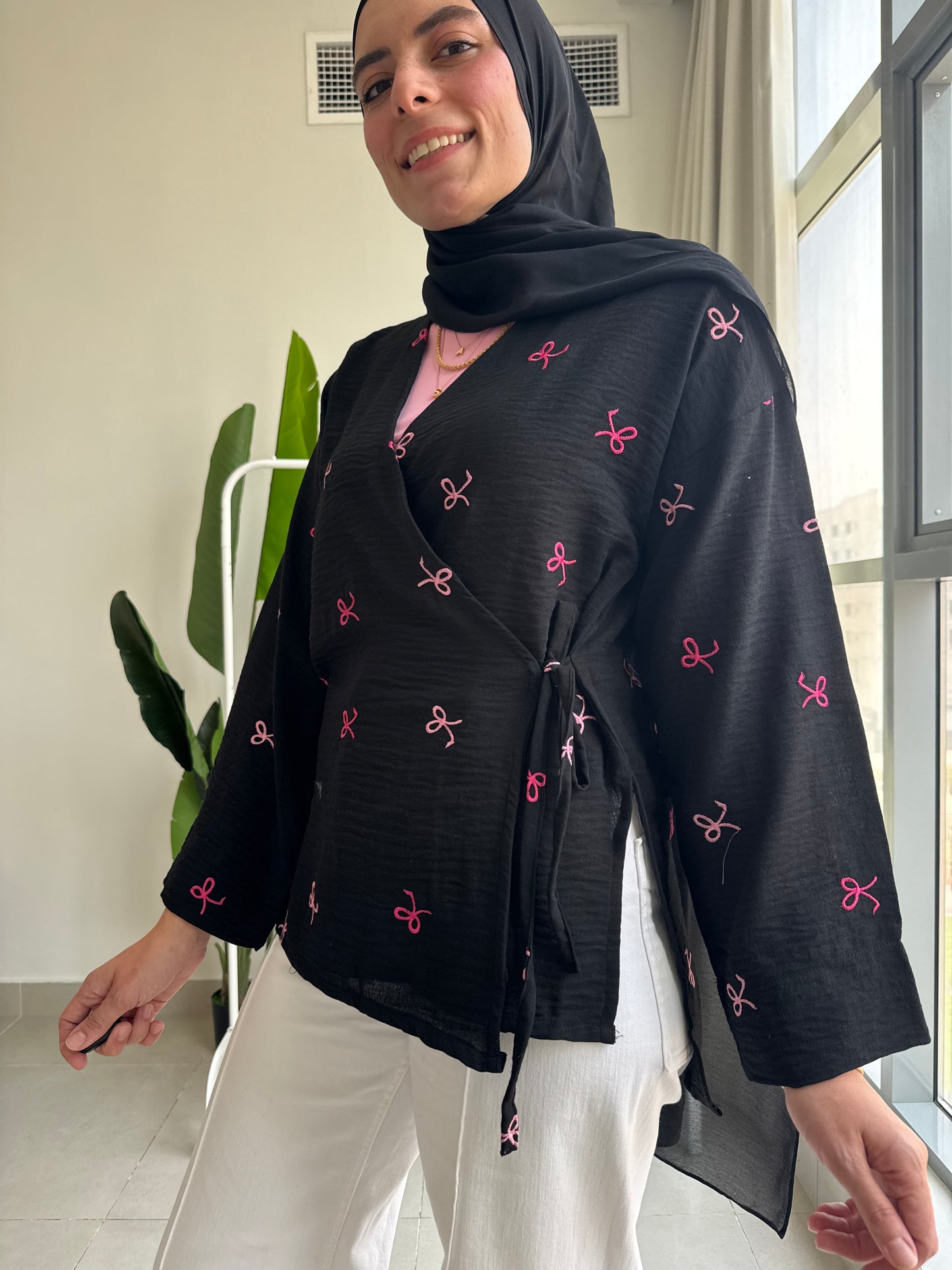 Ella’s Embroidered Linen Wrap Blouse
