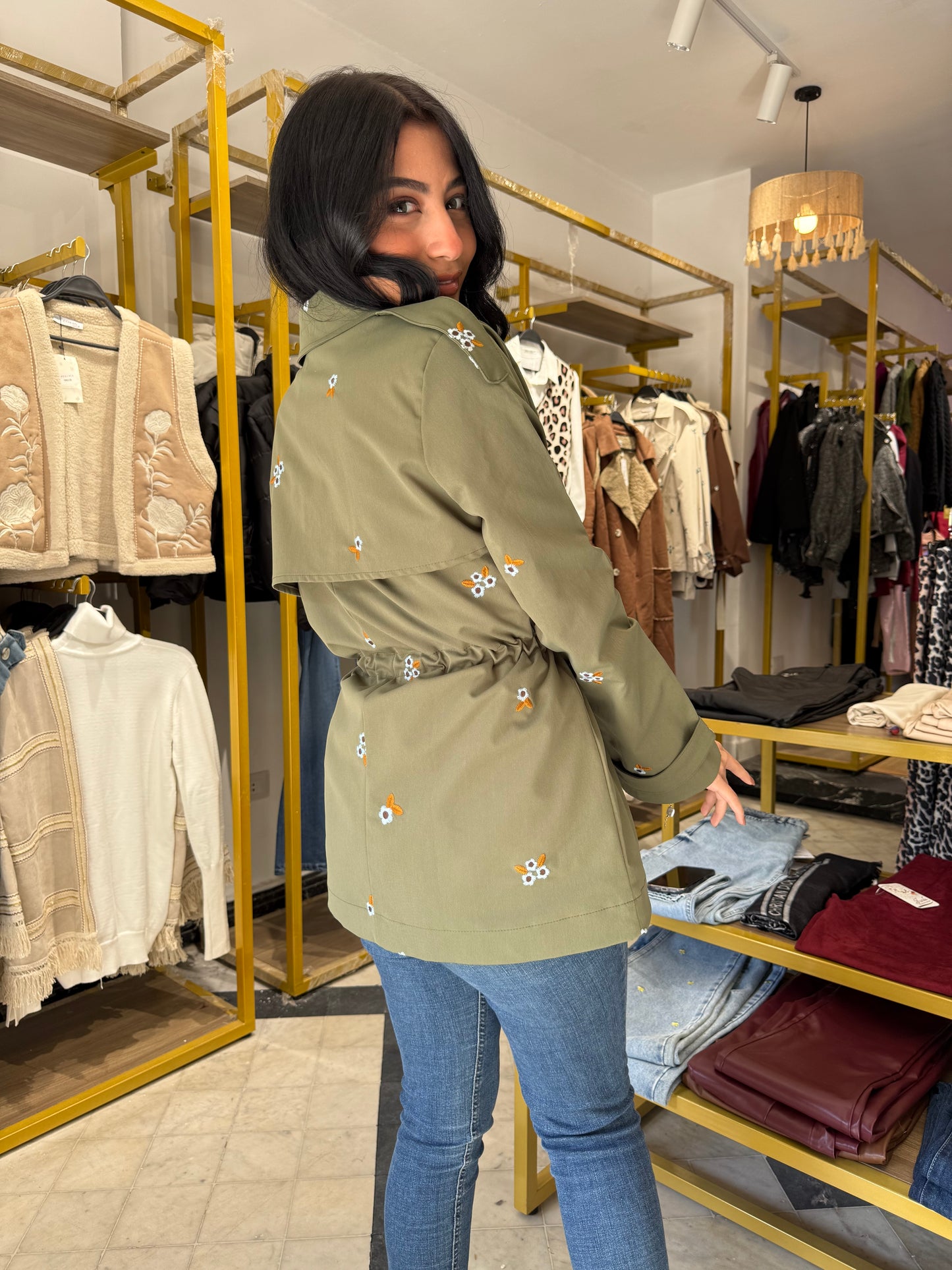 Ella's Olive Embroidery Trench Coat