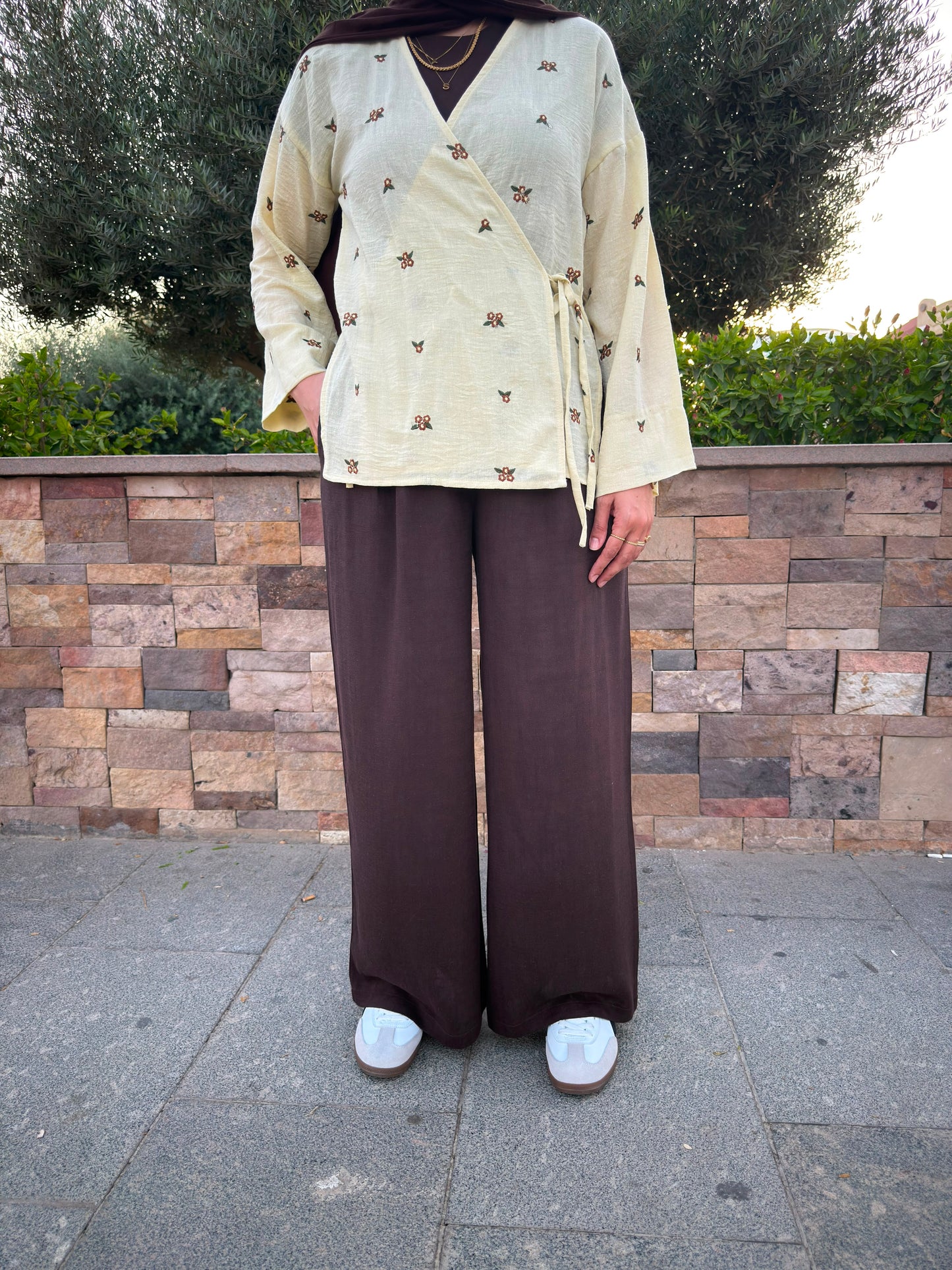 PURE COTTON LINEN PLEATED WIDE LEG PANTS
