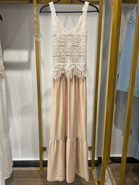 Boho Lace Crochet Maxi Dress ( Beige )