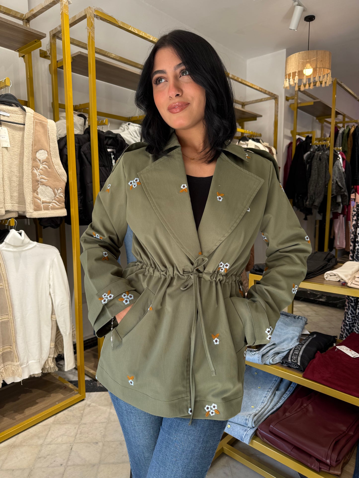 Ella's Olive Embroidery Trench Coat