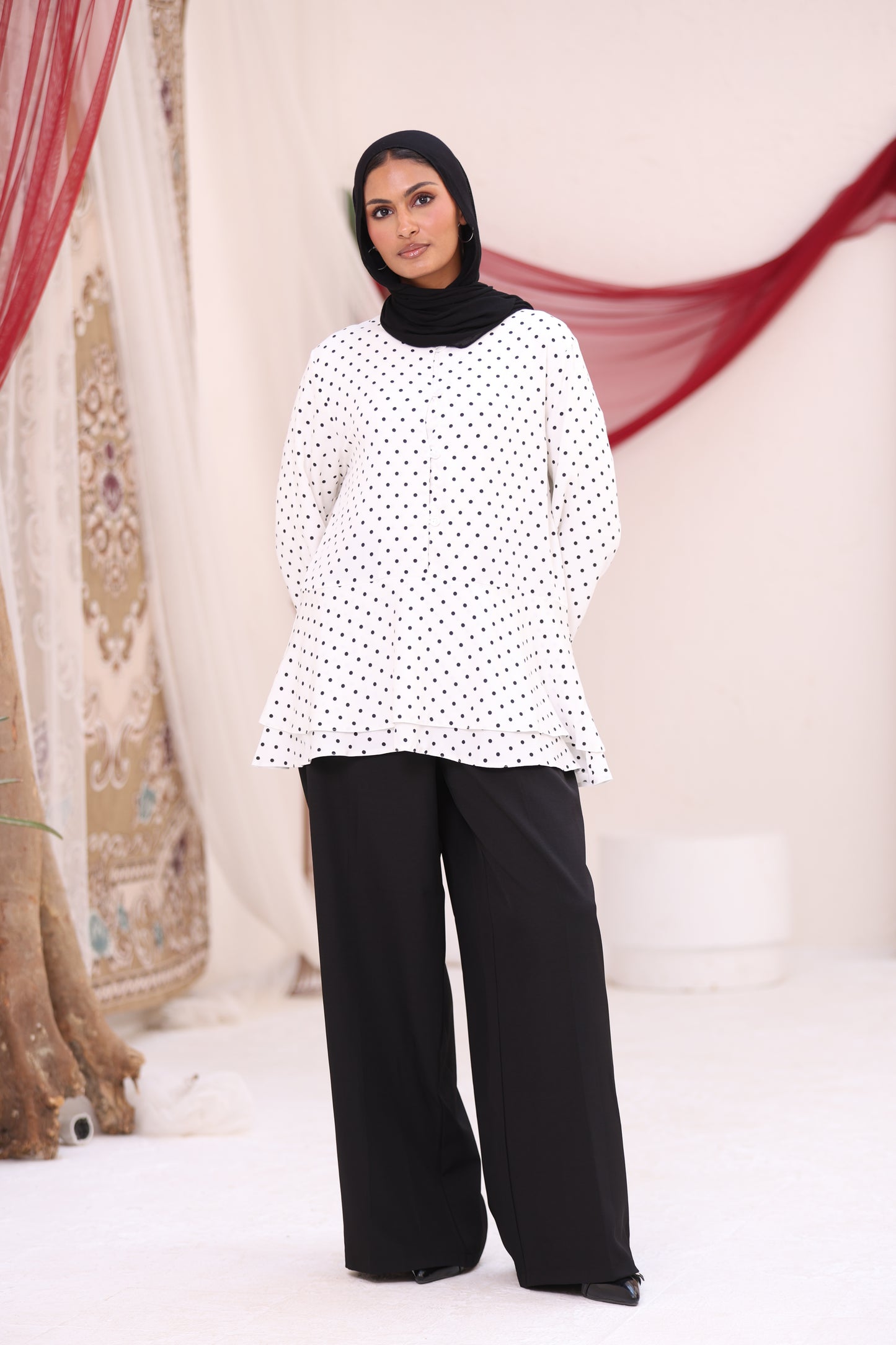 ELLA White Polka Dot Flare Sleeve Shirt
