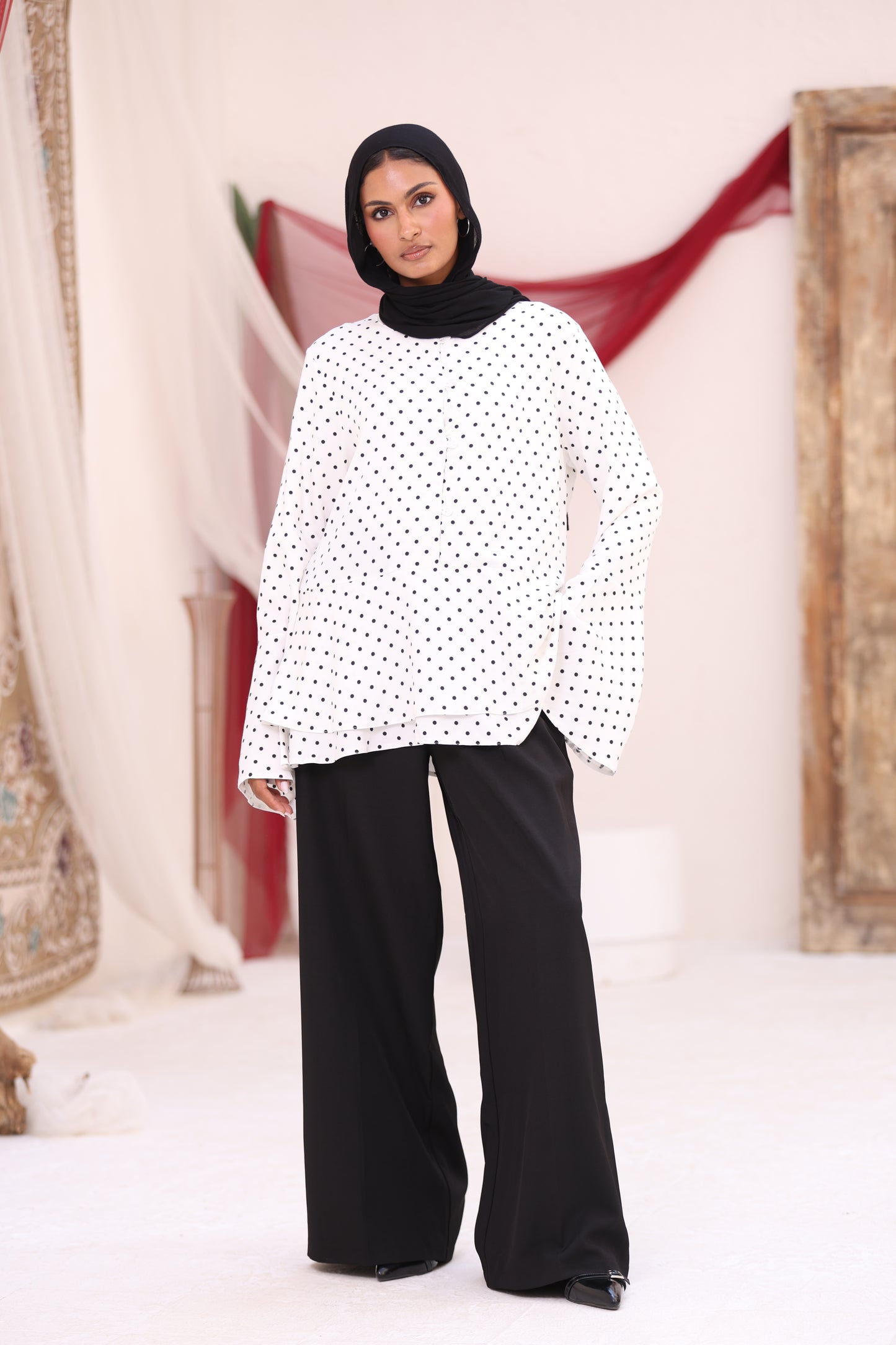 ELLA White Polka Dot Flare Sleeve Shirt