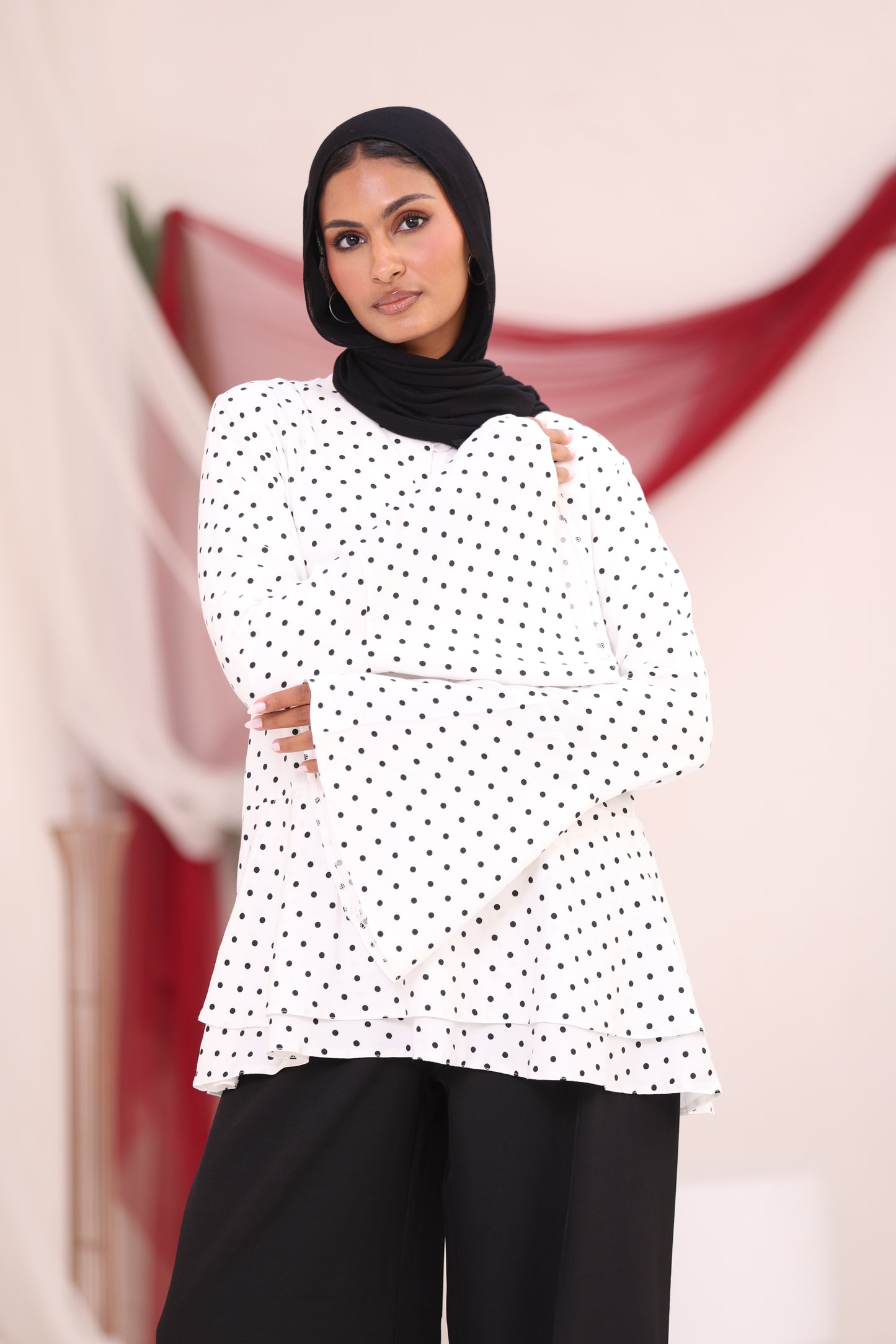 ELLA White Polka Dot Flare Sleeve Shirt