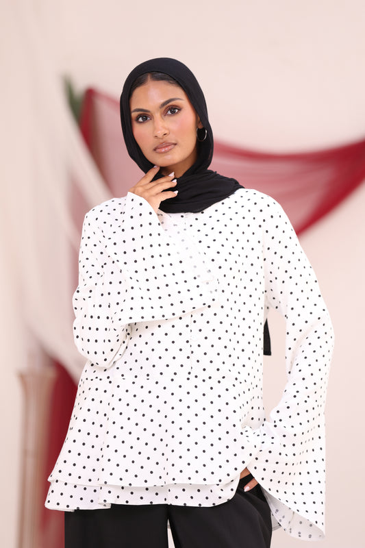 ELLA White Polka Dot Flare Sleeve Shirt
