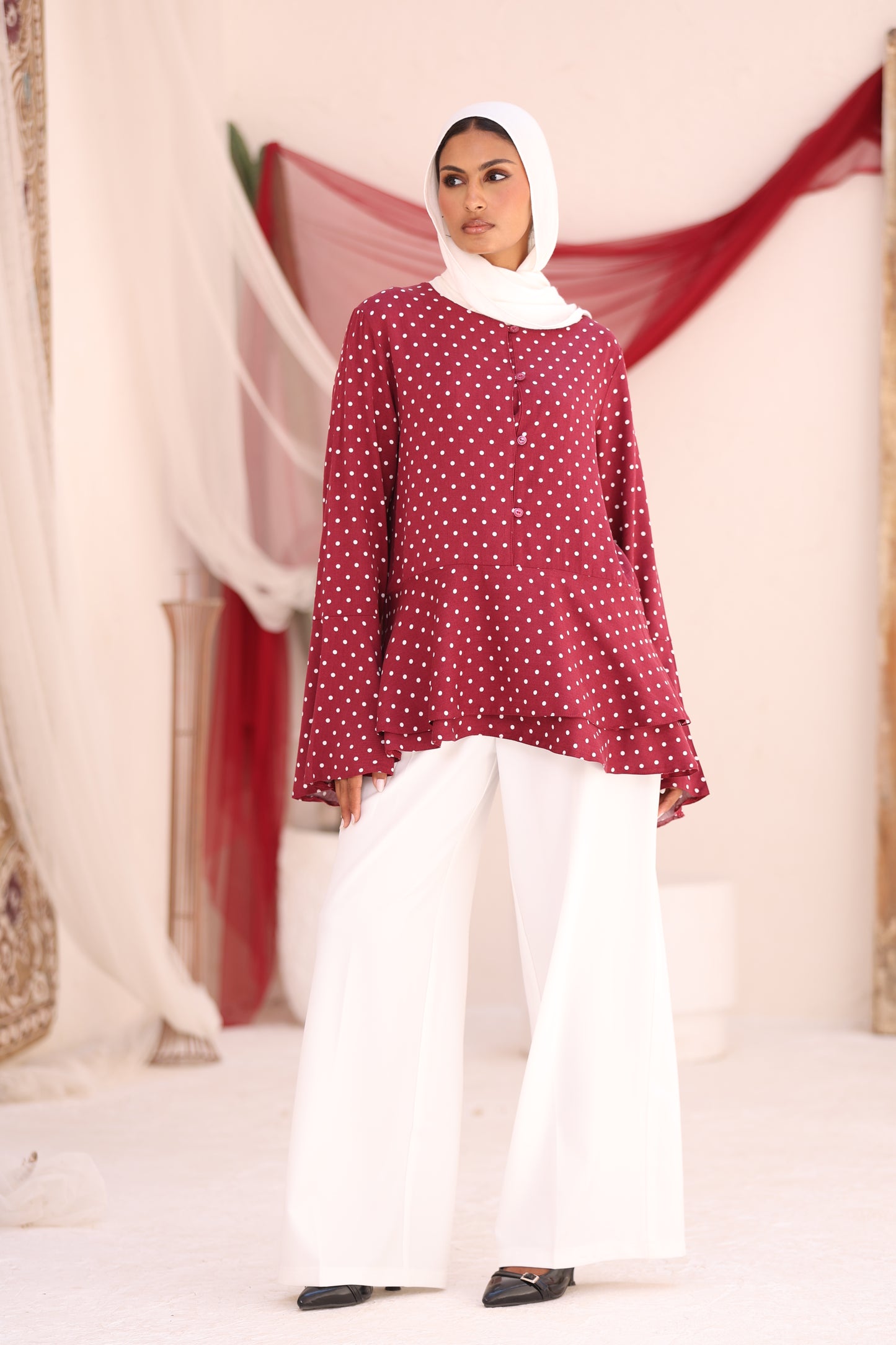 ELLA Burgundy Polka Dot Flare Sleeve Shirt