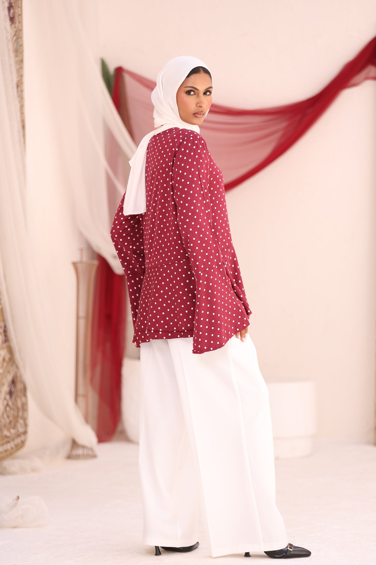ELLA Burgundy Polka Dot Flare Sleeve Shirt
