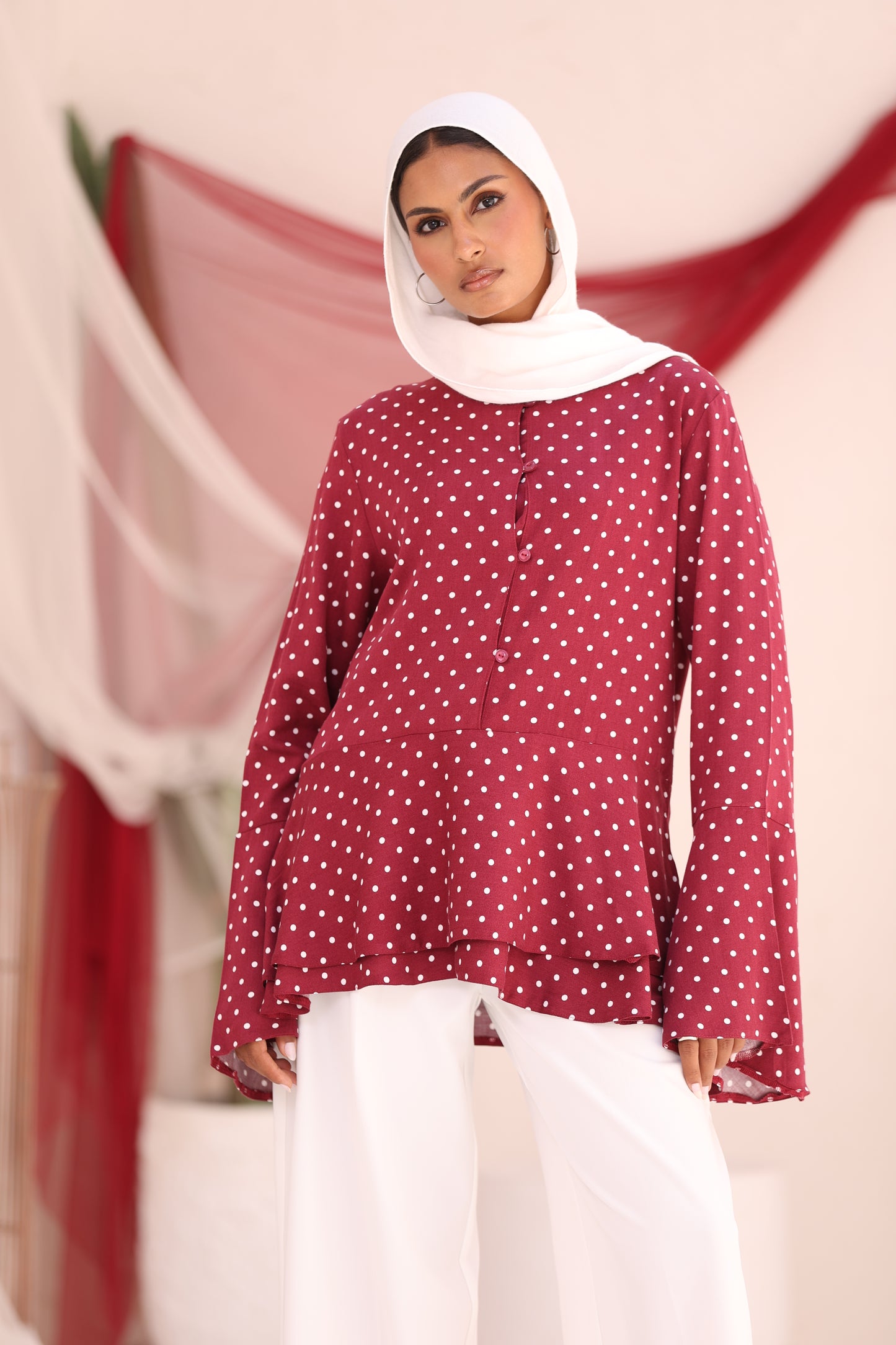 ELLA Burgundy Polka Dot Flare Sleeve Shirt