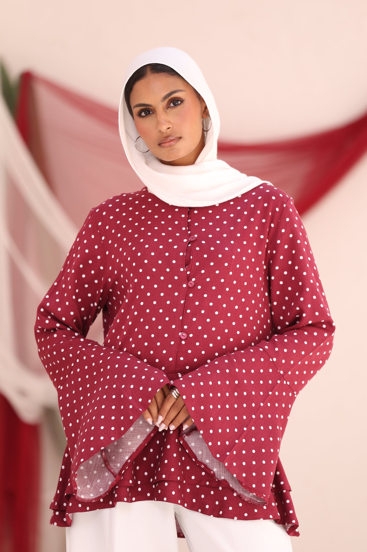 ELLA Burgundy Polka Dot Flare Sleeve Shirt