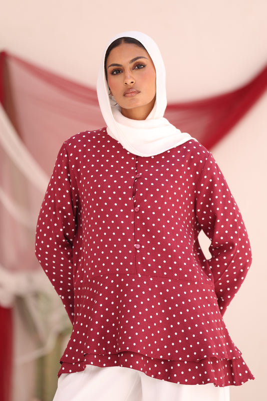 ELLA Burgundy Polka Dot Flare Sleeve Shirt