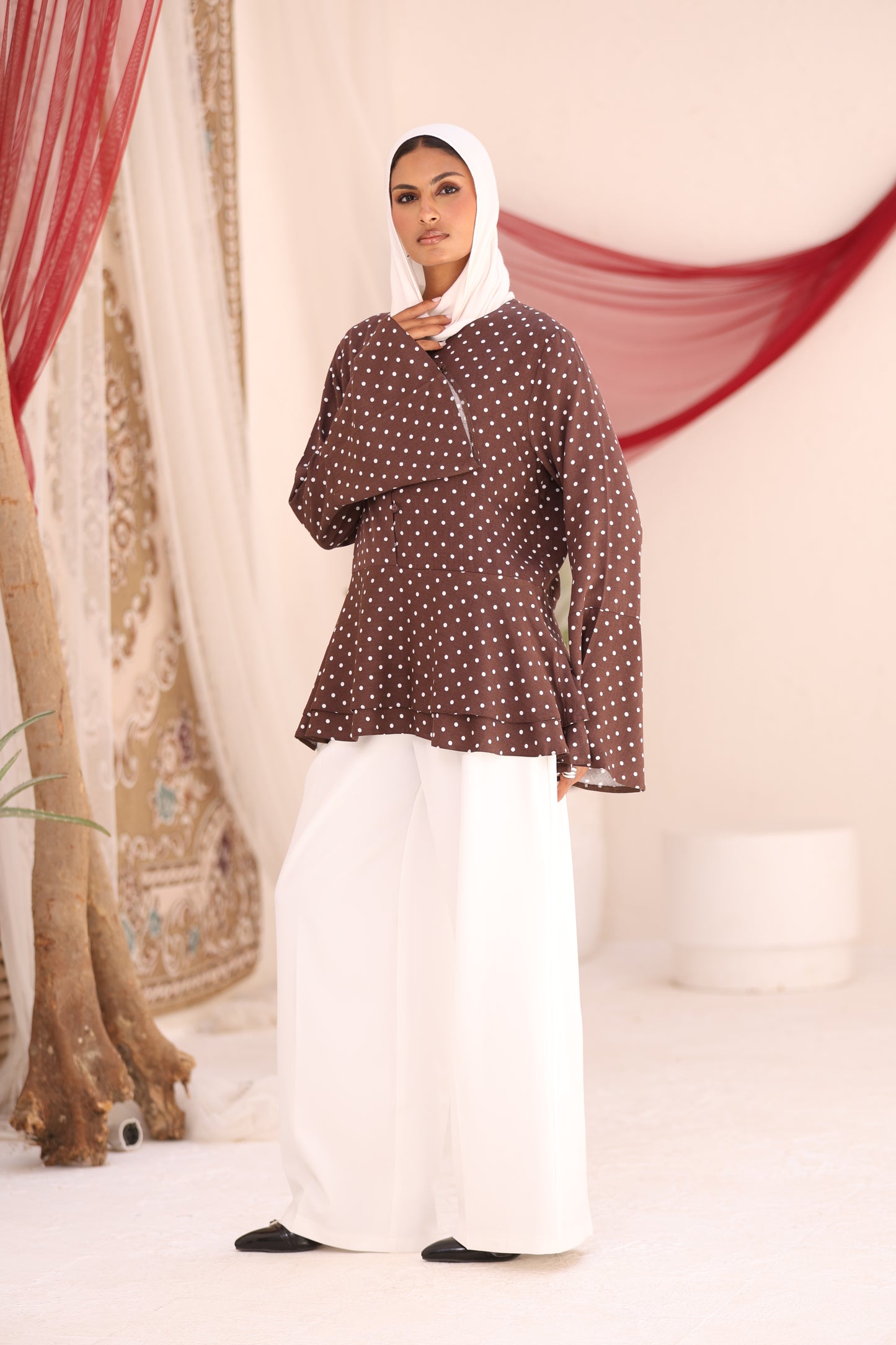 ELLA Brown Polka Dot Flare Sleeve Shirt