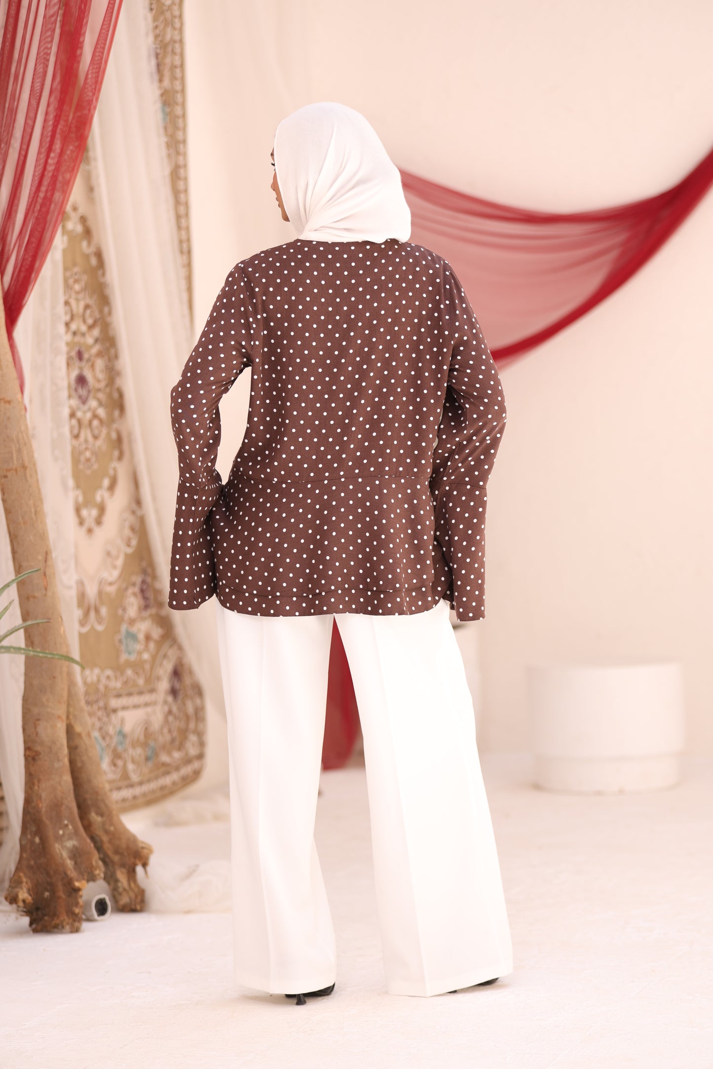 ELLA Brown Polka Dot Flare Sleeve Shirt