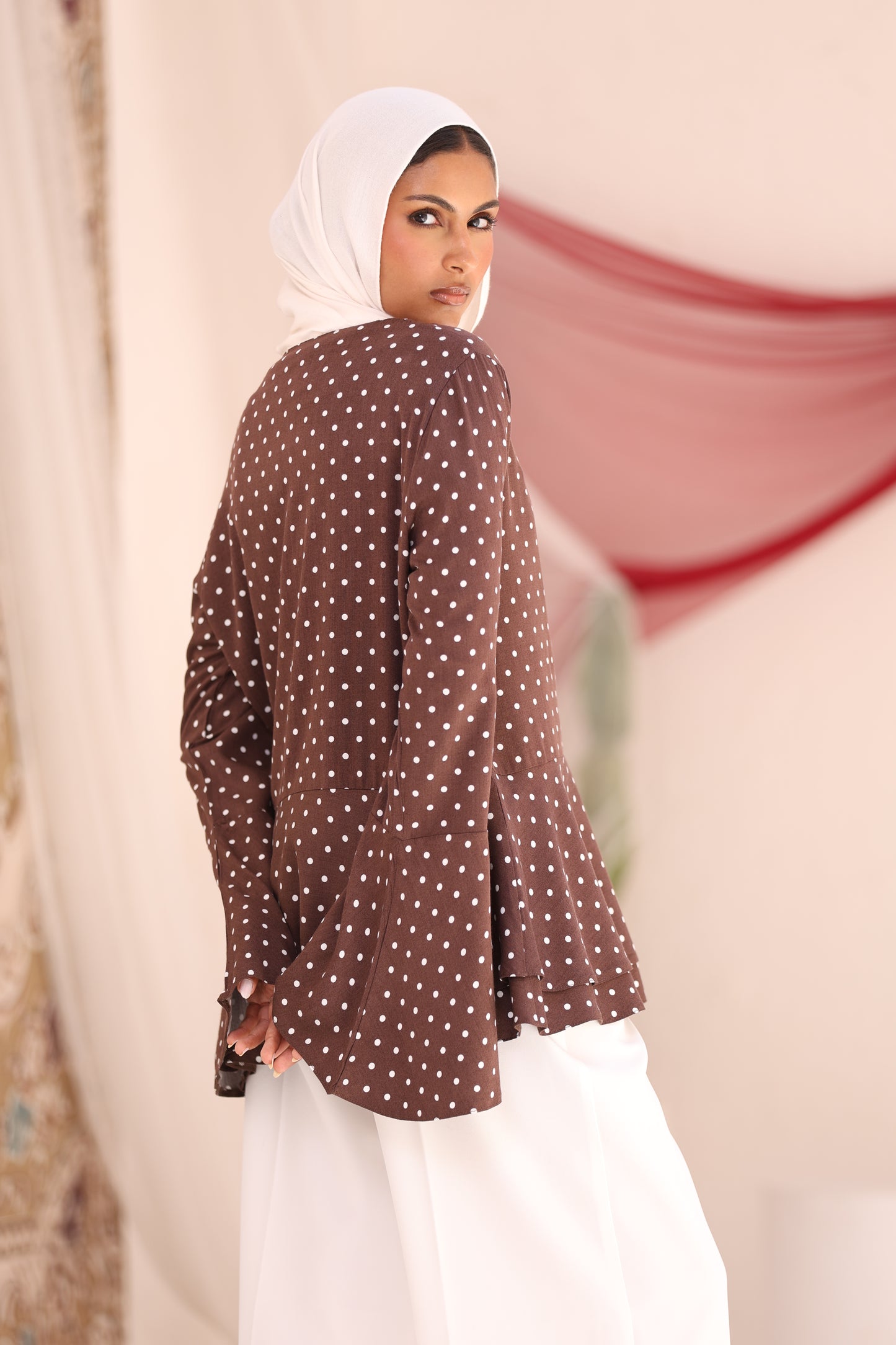 ELLA Brown Polka Dot Flare Sleeve Shirt
