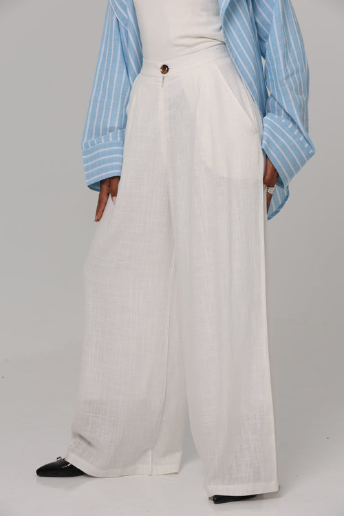PURE COTTON LINEN PLEATED WIDE LEG PANTS