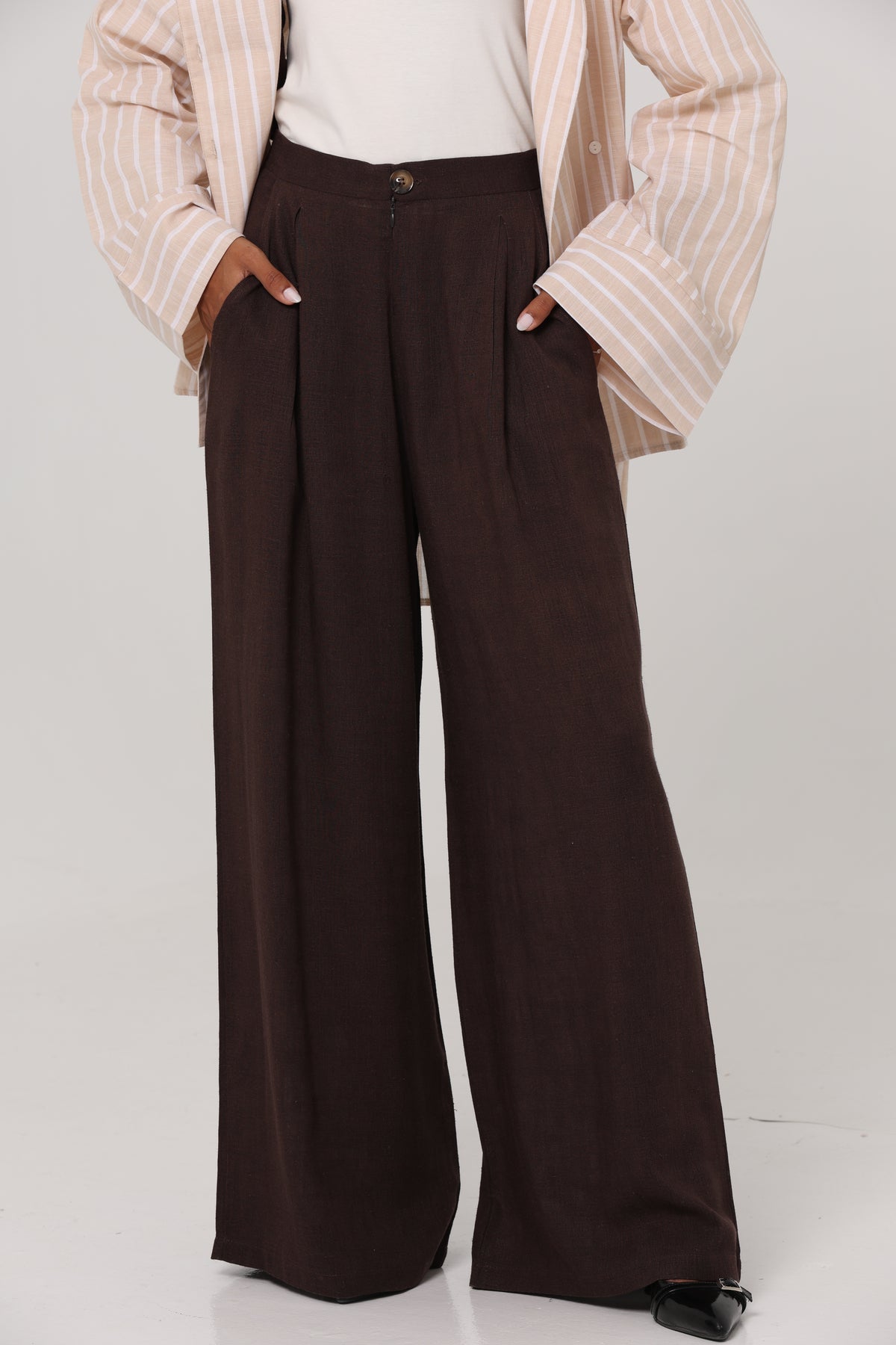 PURE COTTON LINEN PLEATED WIDE LEG PANTS