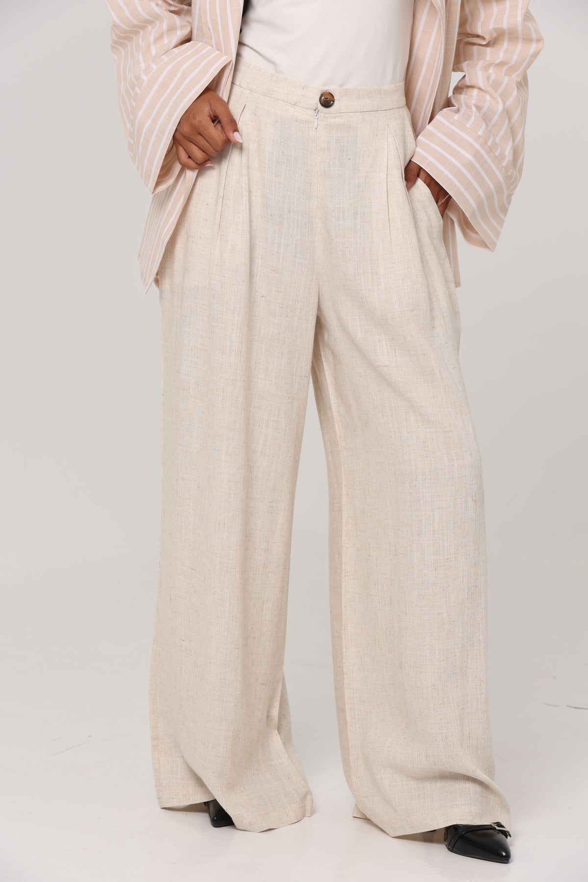 PURE COTTON LINEN PLEATED WIDE LEG PANTS