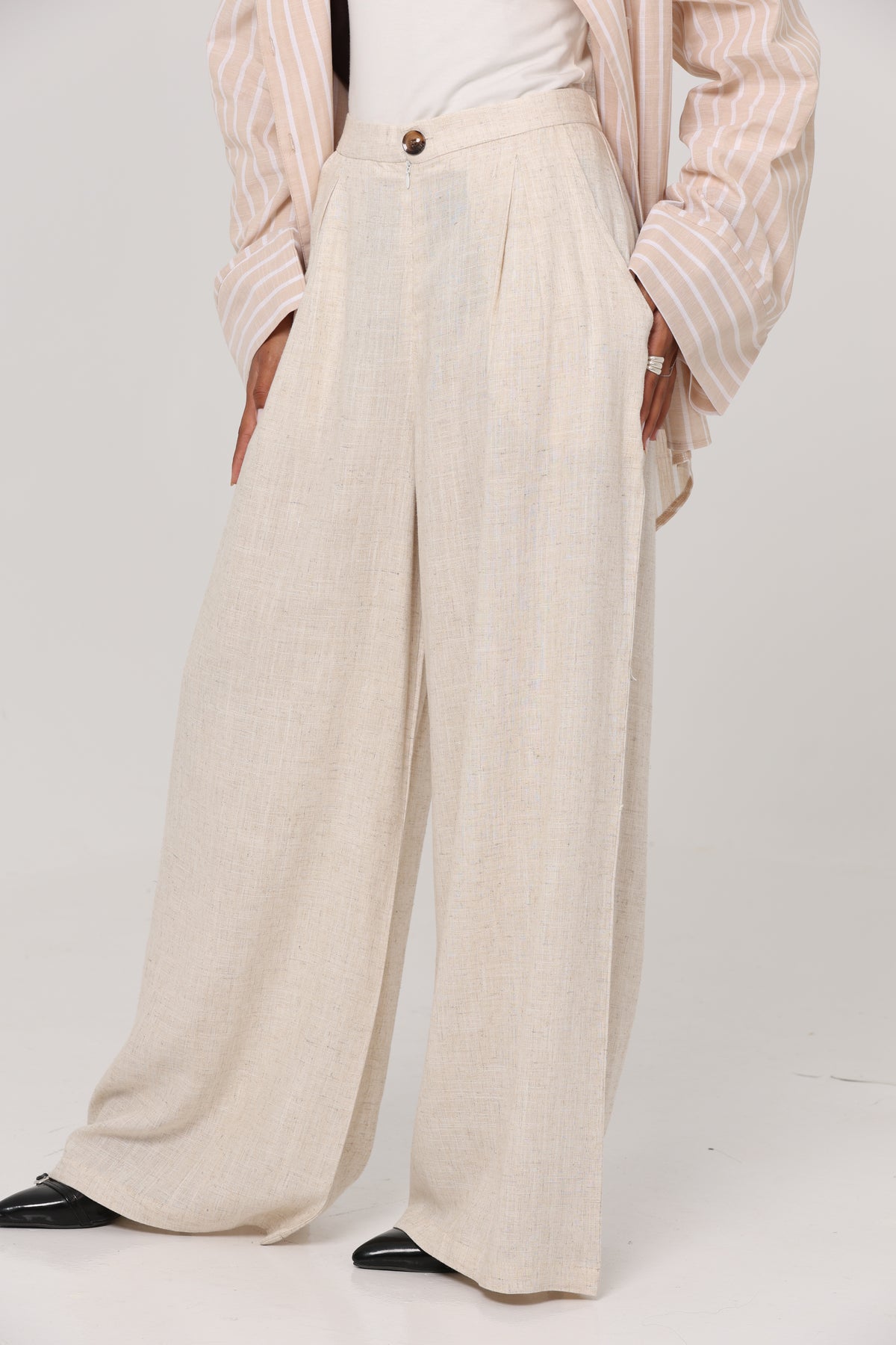 PURE COTTON LINEN PLEATED WIDE LEG PANTS