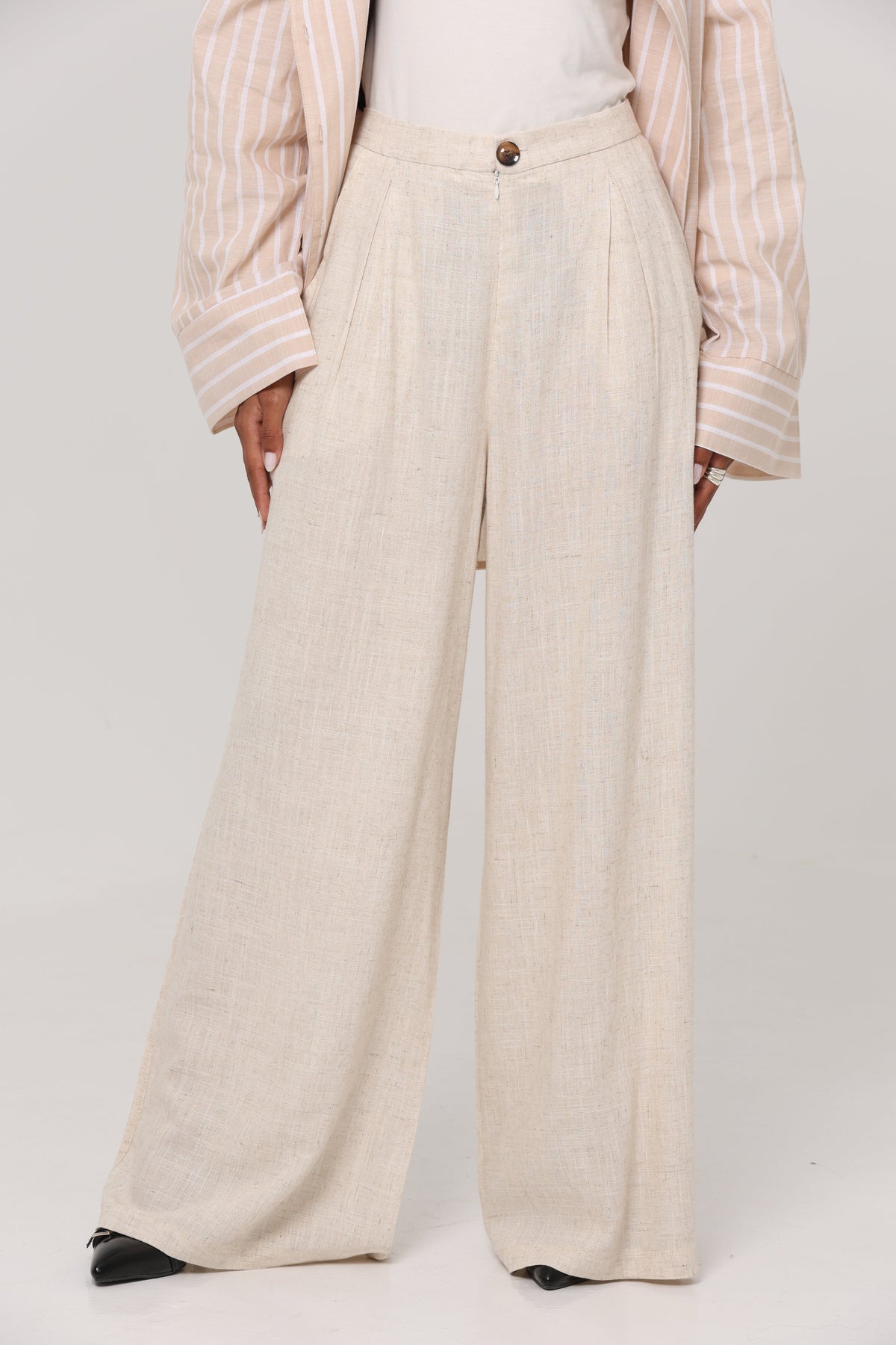PURE COTTON LINEN PLEATED WIDE LEG PANTS