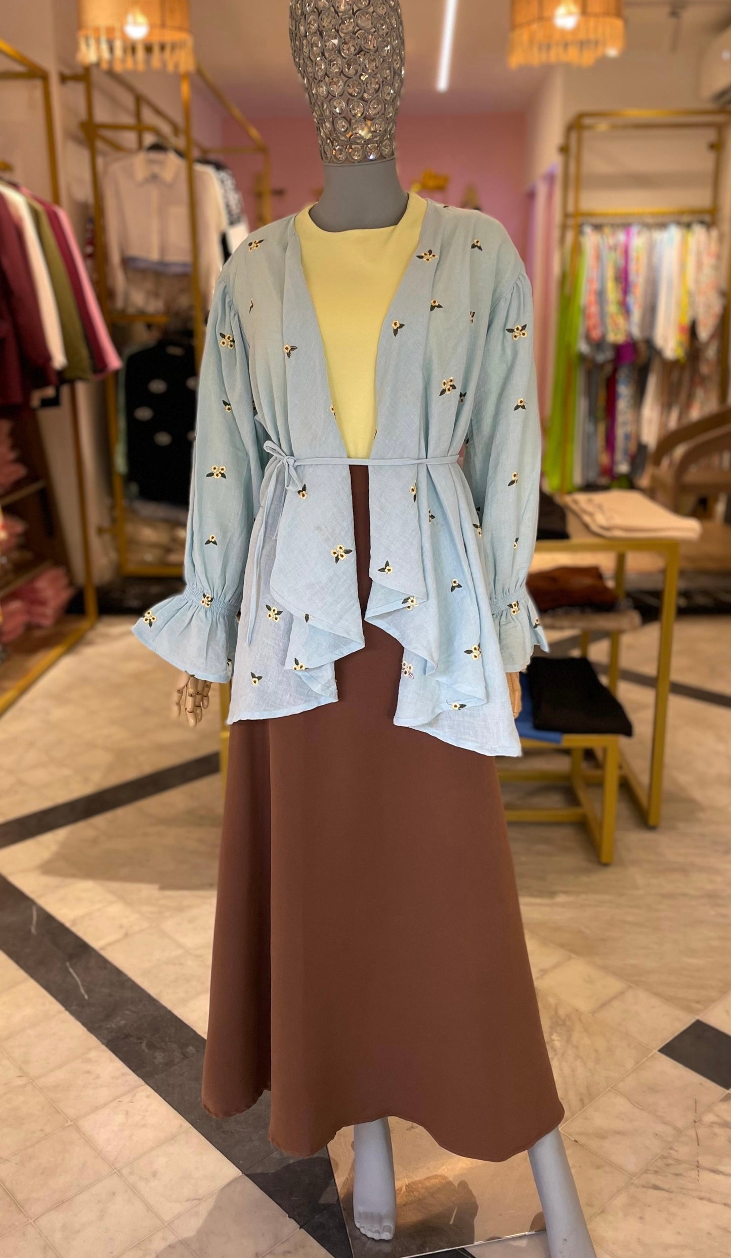 Ella’s Baby Blue Ruffles Embroidered Kimono