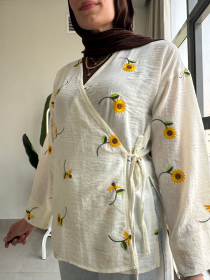 Ella’s Embroidered Linen Wrap Blouse
