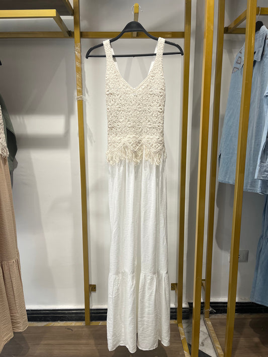 Boho Lace Crochet Maxi Dress ( White )