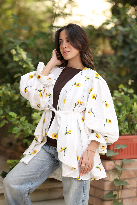 Ella’s White Ruffles Embroidered Kimono