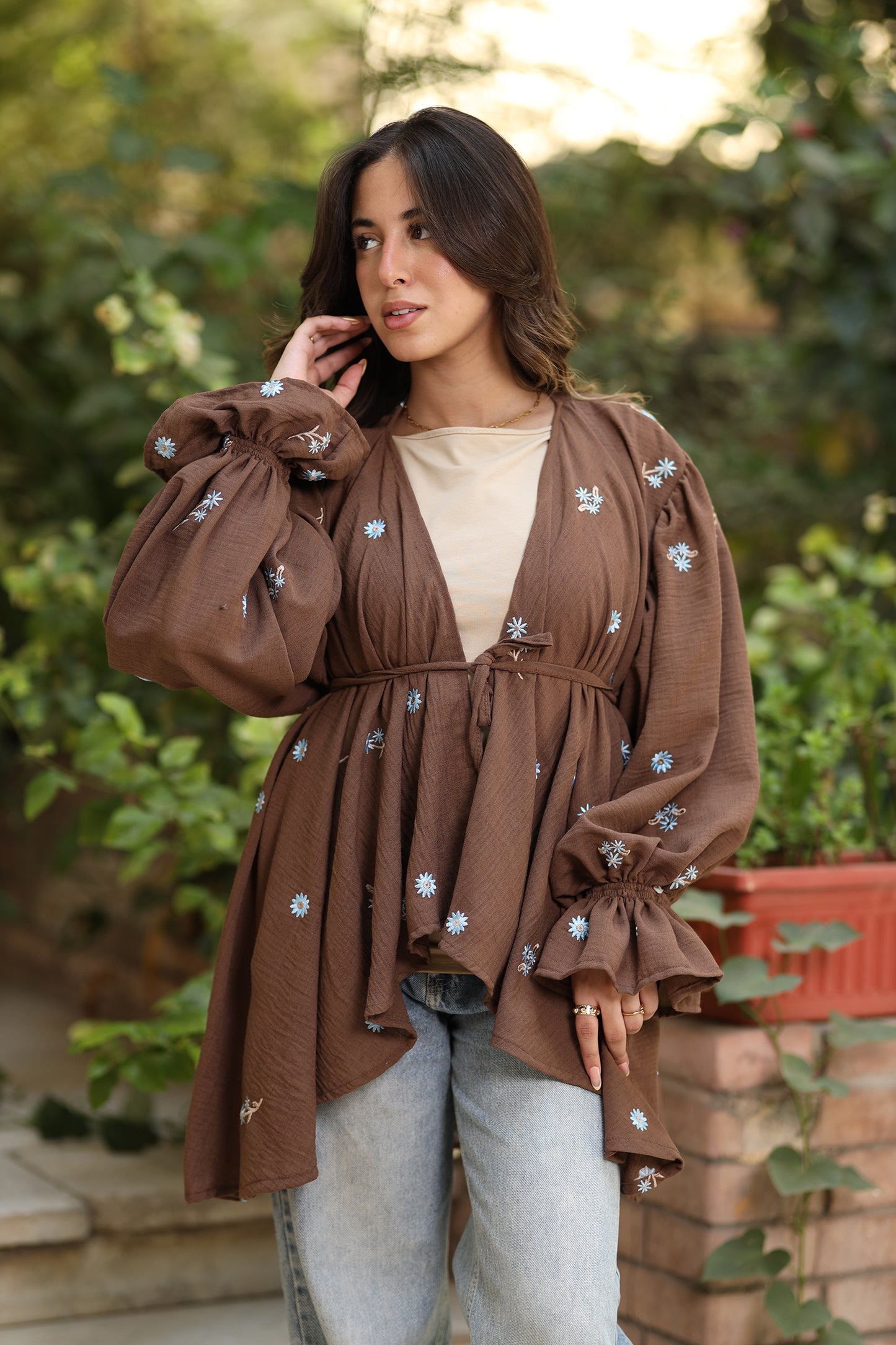 Ella’s Ruffles Embroidered Kimono In Brown