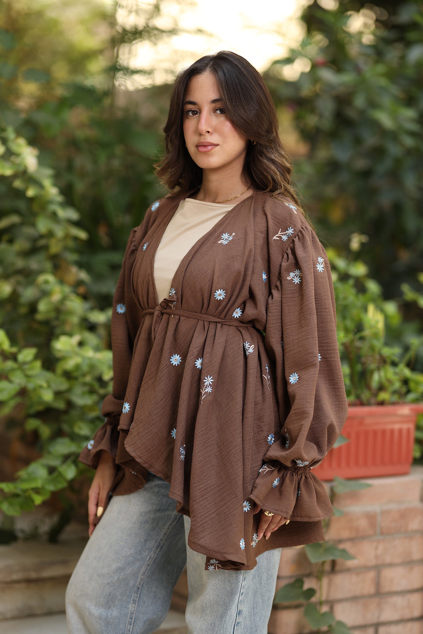 Ella’s Ruffles Embroidered Kimono In Brown