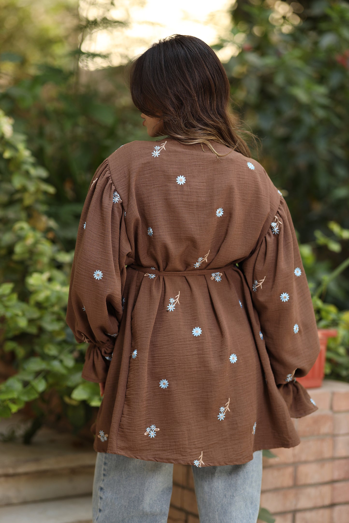 Ella’s Ruffles Embroidered Kimono In Brown