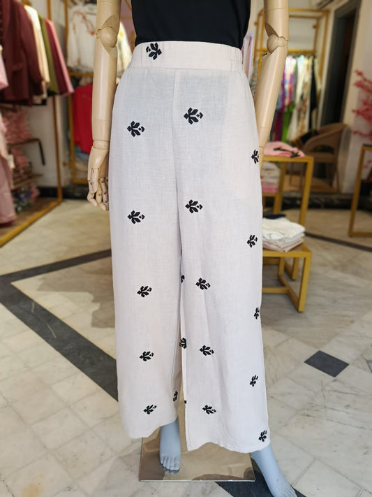 Ella's Beige Linen Embroidered Pants