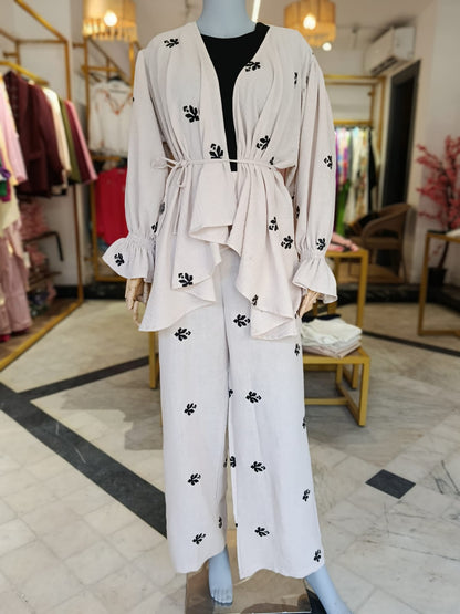 Ella’s Beige Ruffles Embroidered Kimono