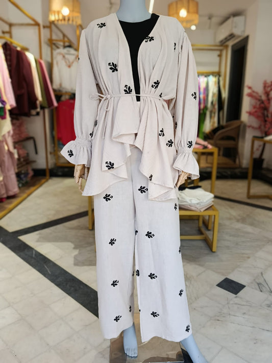 Ella’s Beige Ruffles Embroidered Kimono