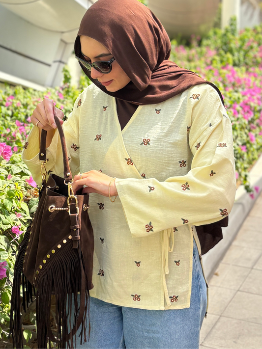 Ella’s Embroidered Linen Wrap Blouse