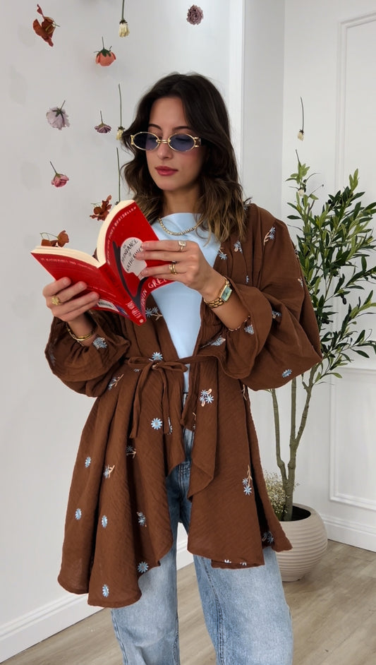 Ella’s Ruffles Embroidered Kimono In Brown