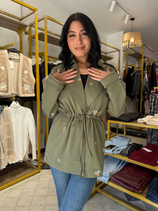 Ella's Olive Embroidery Trench Coat