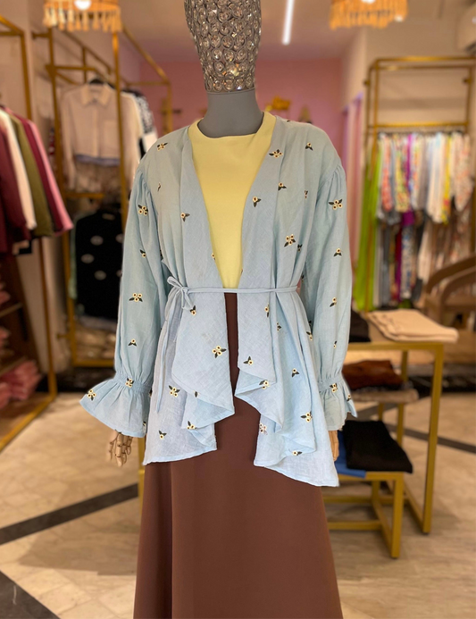 Ella’s Baby Blue Ruffles Embroidered Kimono