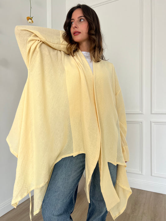 Linen Blended Fringes Asymmetrical Kimono
