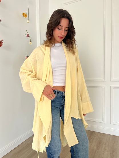 Linen Blended Fringes Asymmetrical Kimono