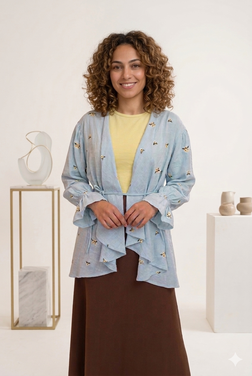 Ella’s Baby Blue Ruffles Embroidered Kimono