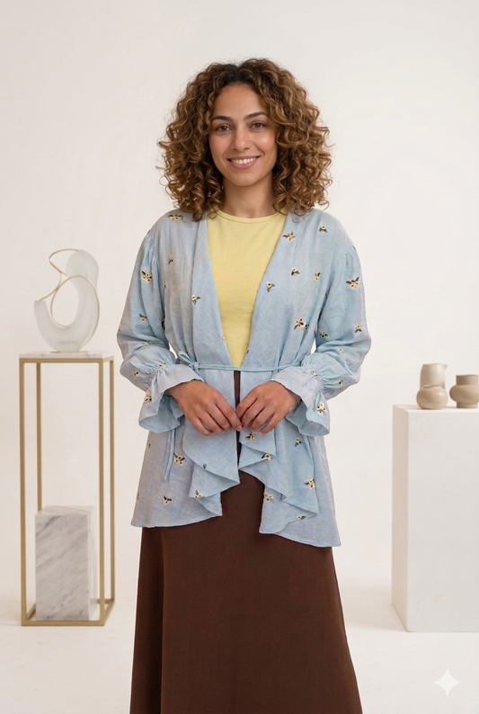 Ella’s Baby Blue Ruffles Embroidered Kimono