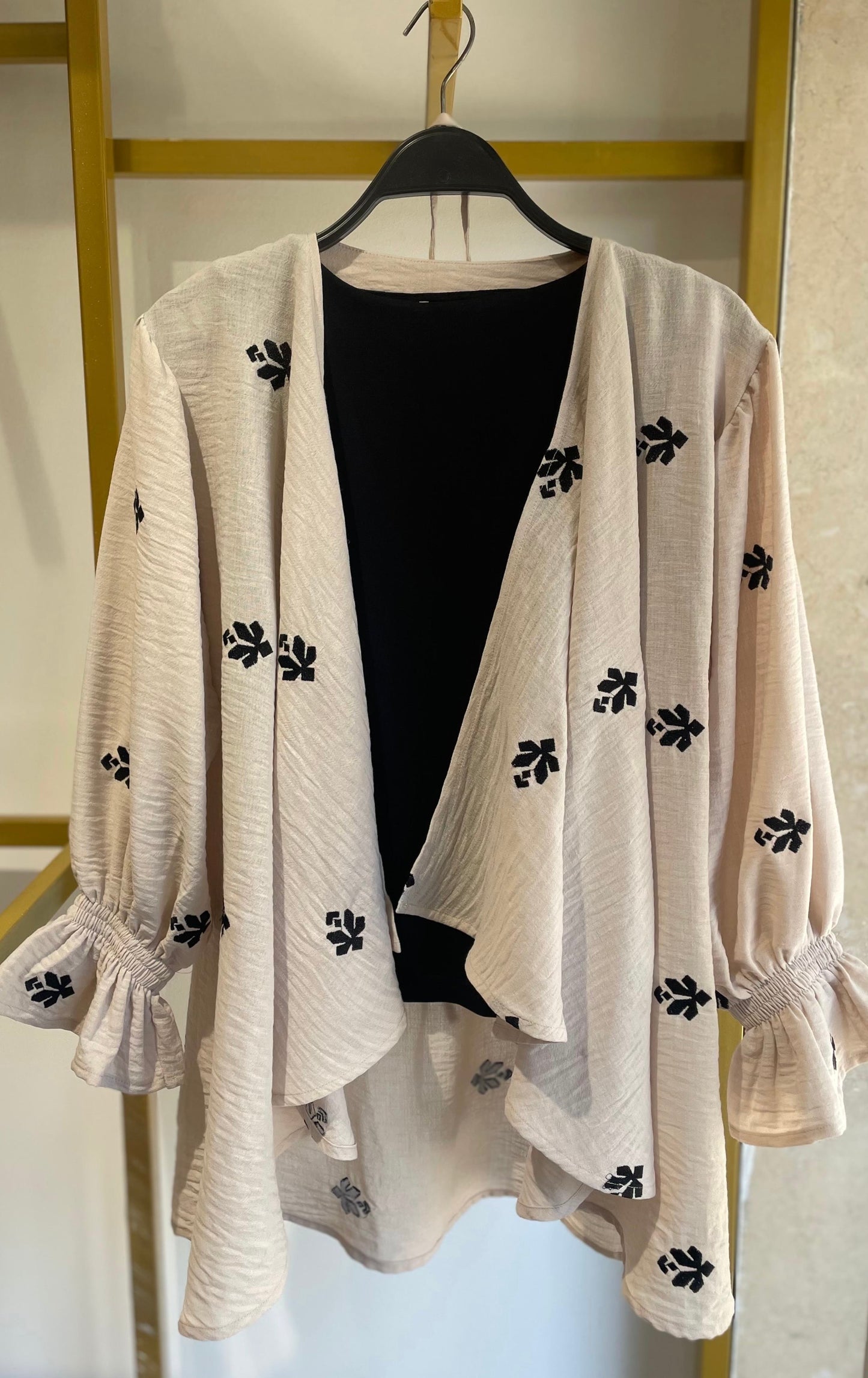 Ella’s Beige Ruffles Embroidered Kimono
