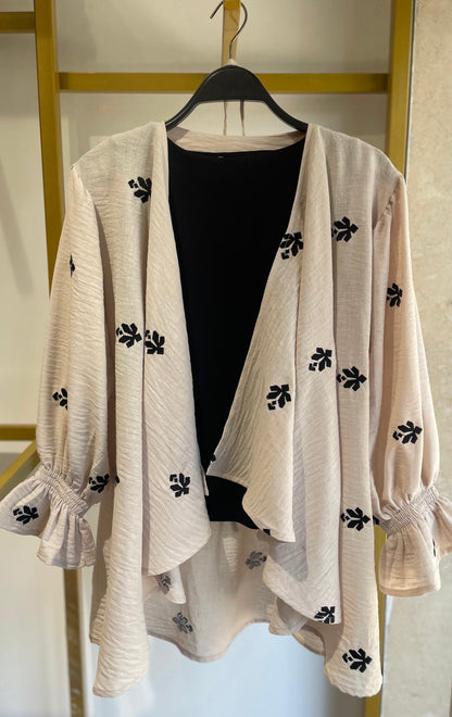 Ella’s Beige Ruffles Embroidered Kimono