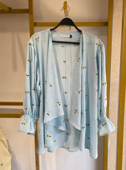 Ella’s Baby Blue Ruffles Embroidered Kimono