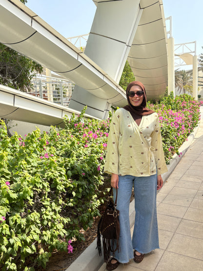 Ella’s Embroidered Linen Wrap Blouse