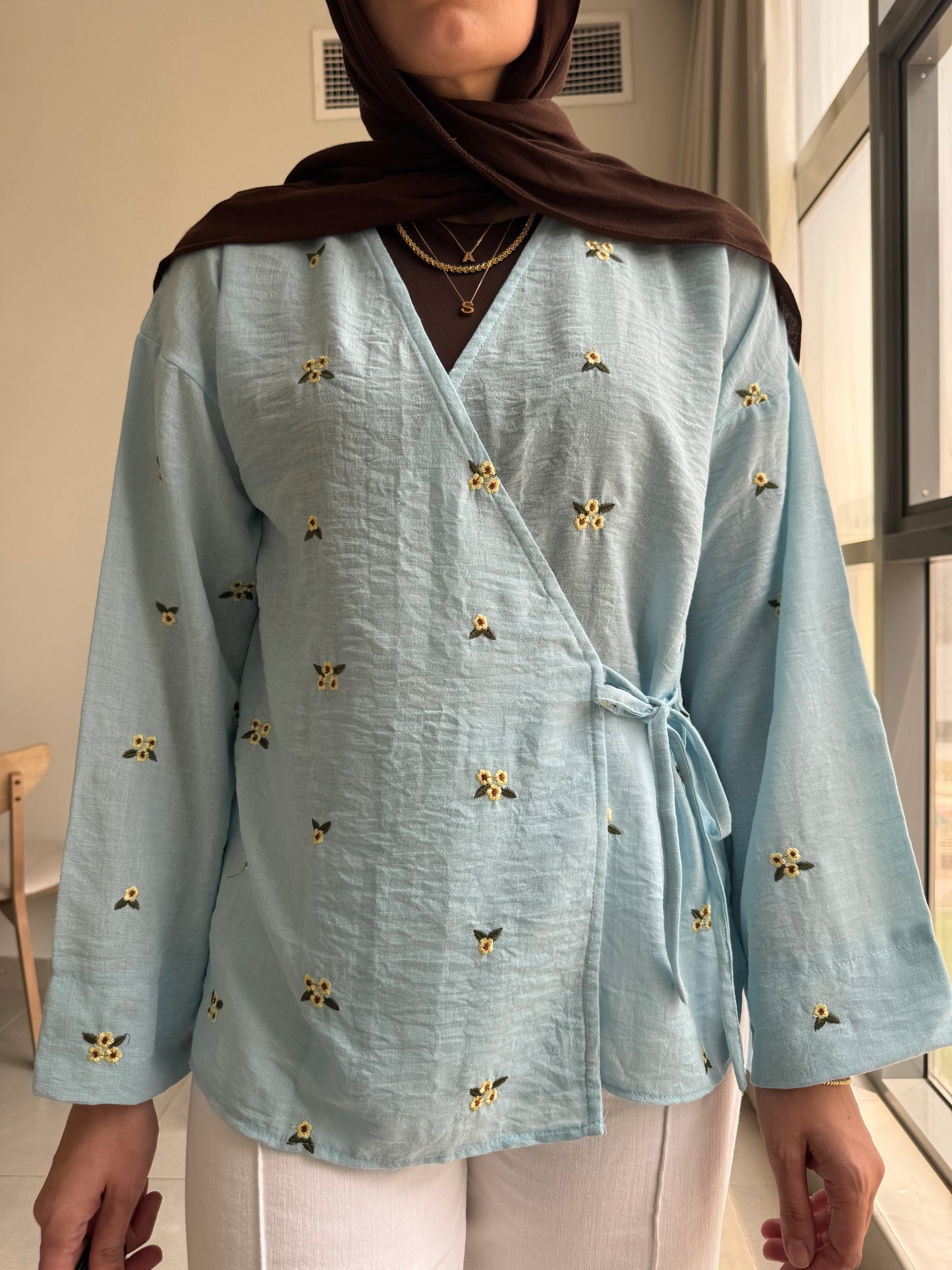 Ella’s Embroidered Linen Wrap Blouse