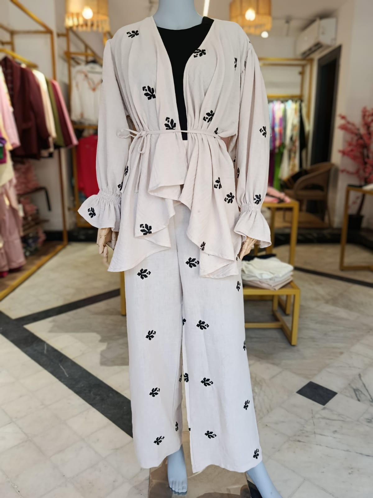Ella's Beige Linen Embroidered Pants